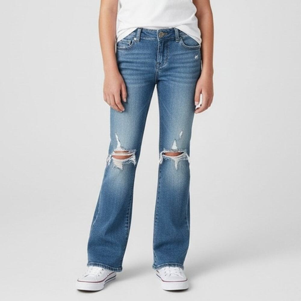Levi's Girls 14R Boot Cut Jeans Medium Blue Distressed Thick Stitch Denim
